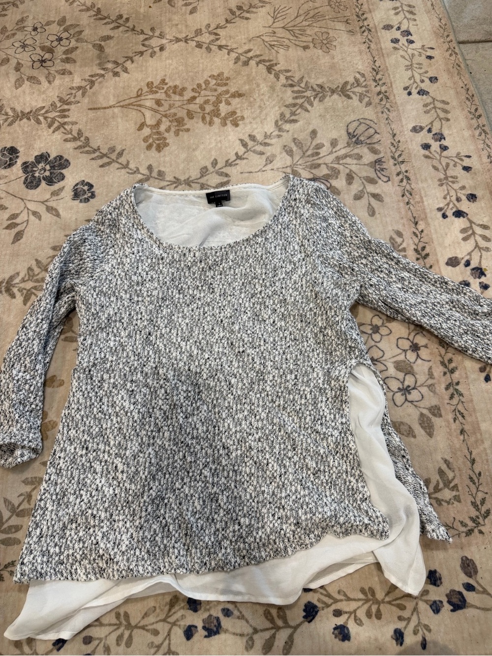 The Limited Gray Marled Scoop Neck Sweater with White Chiffon Hem